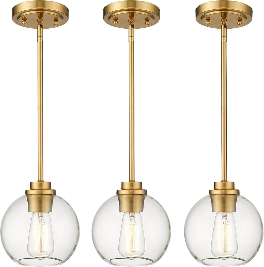 3-Pack Pendant Lights Kitchen Island, Gold Hanging Lights Fixtures with Clear Glass Globe Shade, Brass Kitchen Island Lighting for Dining Room, AD-22280-1P3-GD
