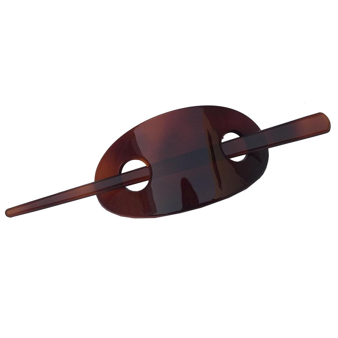 Parcelona French Classic Oval Brown Tortoise Shell Bun Cover Holder Hair Slider Pin Thru Hair Barrette Clip with Stick