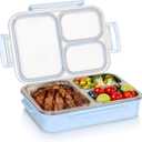 Stainless Steel Bento Box, 3 Compartments Leakproof Stainless Steel Snack Containers, 25 oz Premium 304 Metal Lunch Box for Adults, BPA-Free, Dishwasher Safe (Blue)