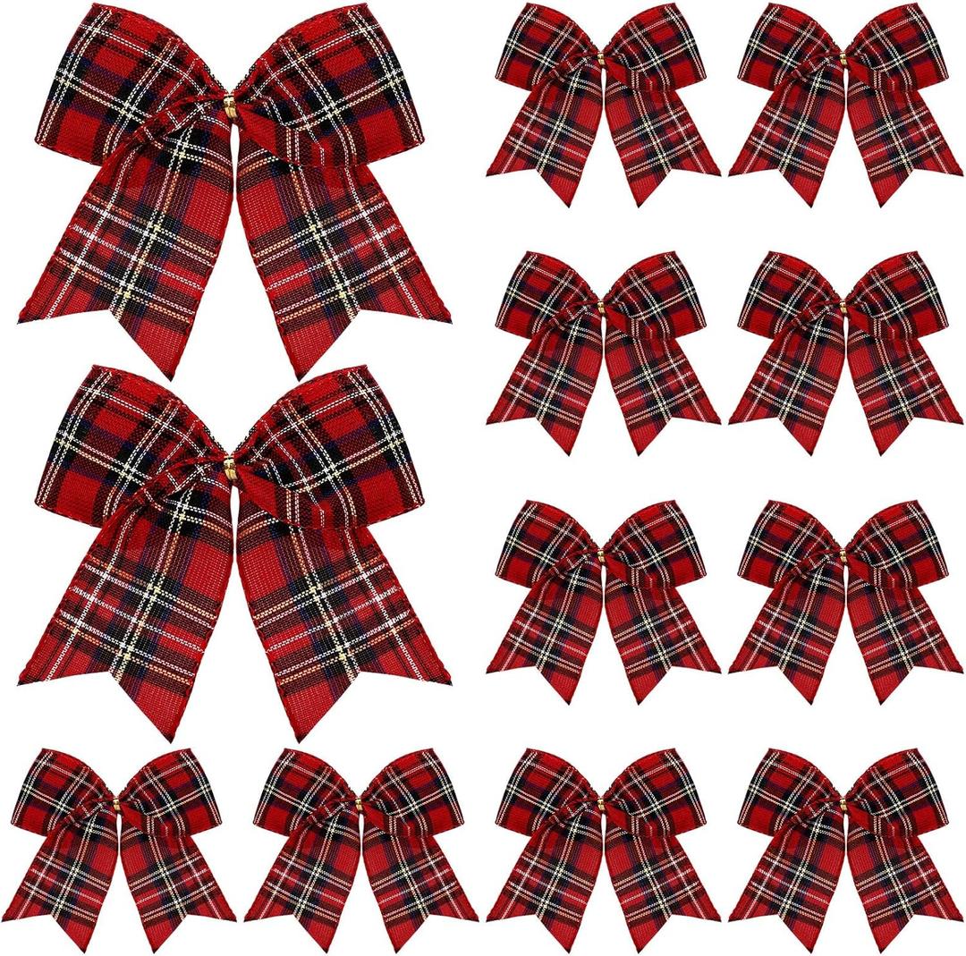 Jetec 12 Pcs Christmas Buffalo Plaid Bows Decorations 6 Inch Christmas Check Plaid Bows Tie Bows Wreaths Ornaments for Xmas Tree Garland DIY Crafts Home Indoor Outdoor Decor (Red, Blue Plaid)