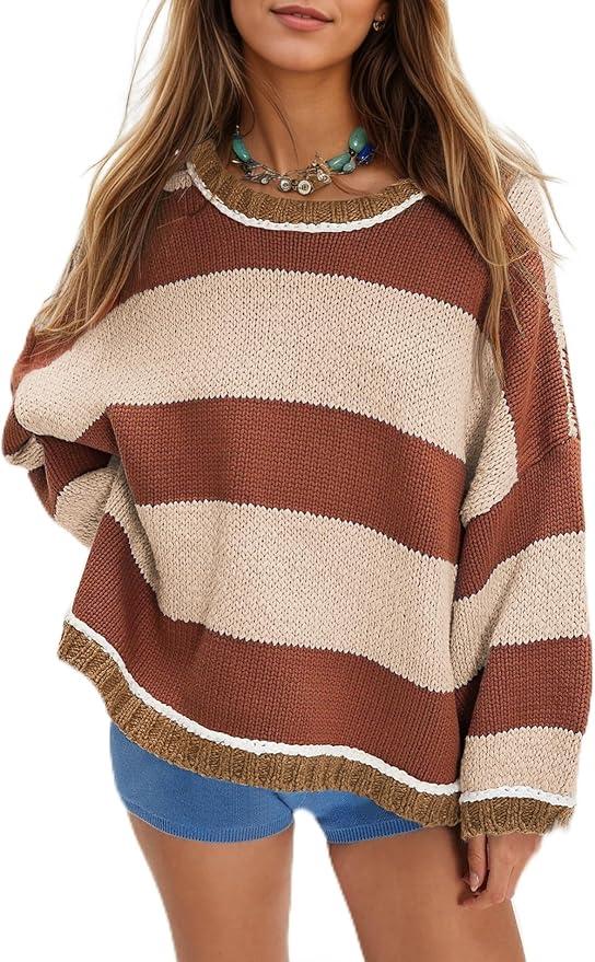 Nirovien Womens Oversized Sweater Colorblock Striped Sweater Chunky Cable Knit Crewneck Pullover Tops, Size L