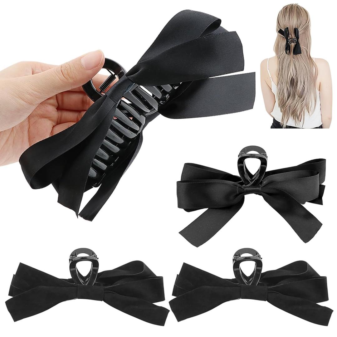 2 Hair Claw Clips for Women, 2 Styles Velvet Bow Hair Claw Clip, Acrylic Claw Clips, Large Hair Claws Hair Accessories for Women Girls (Black)