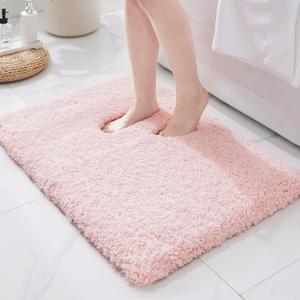 ILANGO Pink Bathroom Rugs 24" 17" Non Slip & Super Absorbent Extra Thick Soft, Washable Bath Mat for Floor, Non Shedding Microfiber Plush Holiday Bath Rug with Rubber for Shower Sink