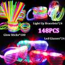 TURNMEON 148 PCS Glow in the Dark Party Supplies Light Up Toys with 24 Led Glasses, 24 Flashing Bracelets and 100 Glow Sticks Bulk Party Favors Birthday Wedding Carnivals Concert Patriotic
