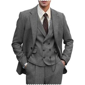 Mens Formal Tweed Wool 3 Piece Wedding Slim Fit Suit Prom Tuxedos Groomsmen (Gray, M)