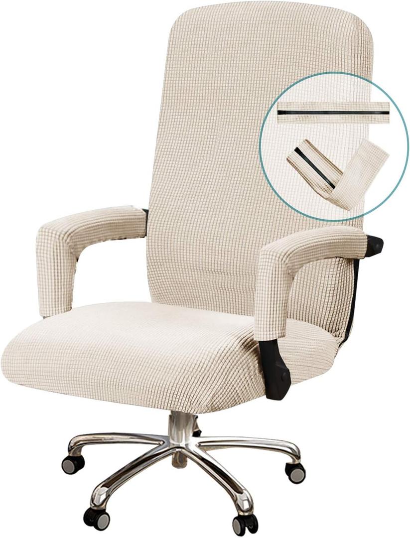 Turquoize Office Chair Cover - Universal Stretch Slipcover for Desk, Computer & Boss Chairs - Rotating Arms - Cats & Dogs - Biscotti Beige (Large)