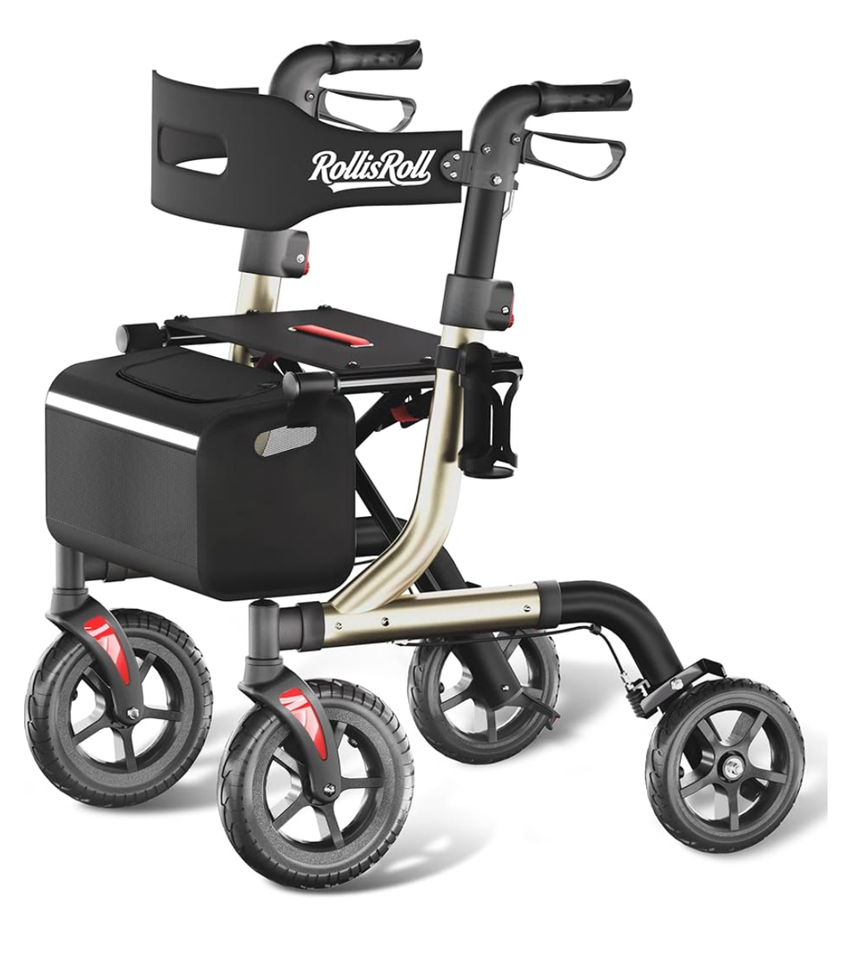 Walkers for Seniors with Seat, Foldable Rollator Walker, Reinforced Aluminum Frame, 10" Big Rubber Wheels for All Terrain, Built-in Cable, Lightweight Rolling Walker, Golden
