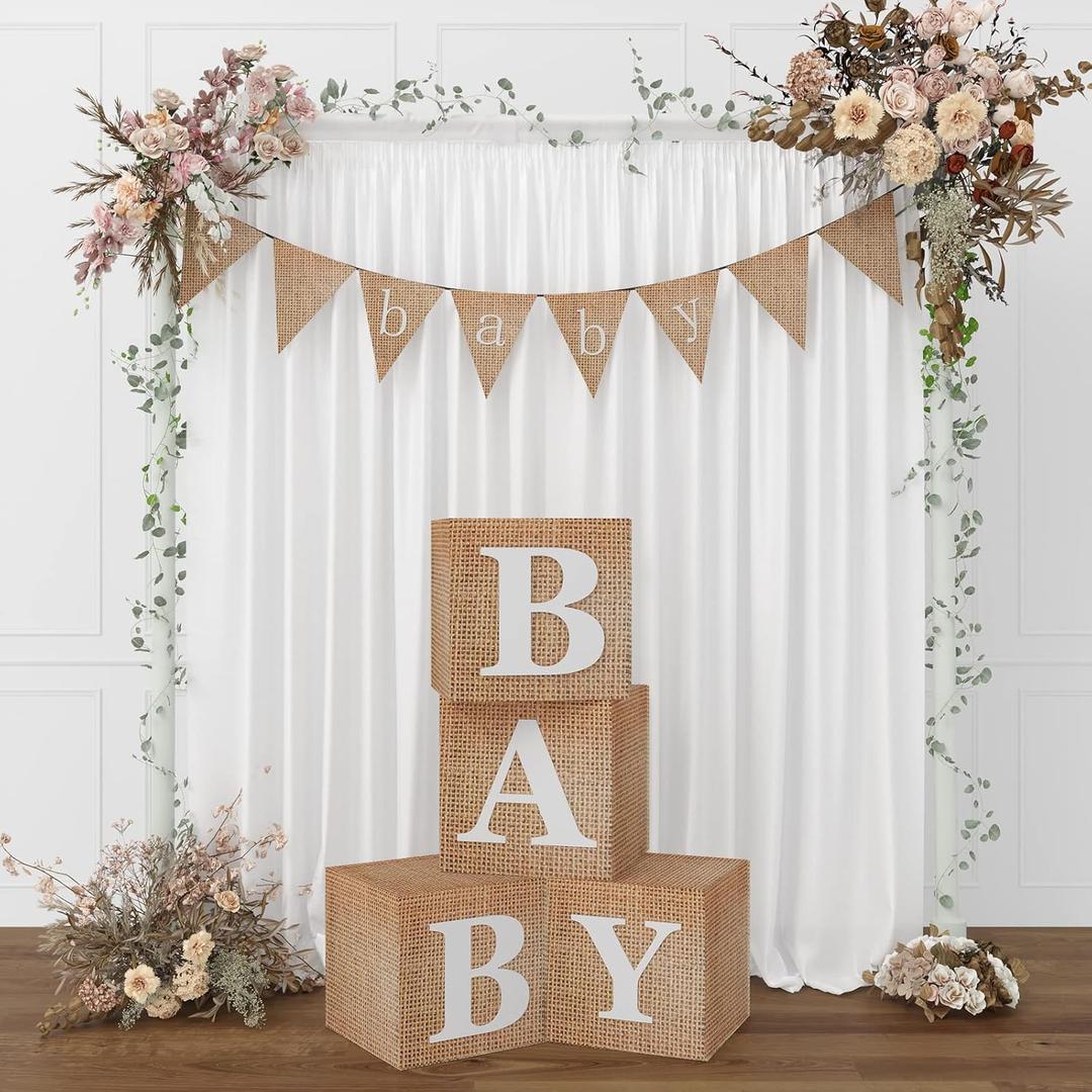 RUBFAC Baby Boxes with Letters for Baby Shower, 4pcs Rustic Farmhouse Style Boho Balloon Boxes with Burlap Grain for Birthday Gender Reveal Decoration Backdrop Photo Props