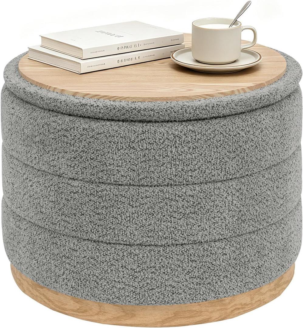 B FSOBEIIALEO Round Storage Ottoman with Tray, Folding Ottoman with Storage Coffee Table Foot Rest for Dorm Room Living Room Chenille Fabric,Wood-Grain Leather Base,Grey,22.83"x22.83"x17.35"