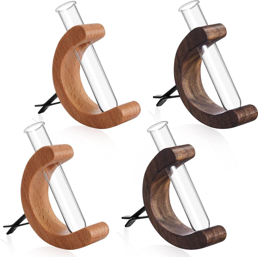4 Pcs Mini Glass Car Flower Vase Clip Holder Car Propagation Vase Vent Clip Plant Holder Auto Glass Tube for Plants Decor Wooden Ornament Decorations Accessories (Mixed Wood Color)