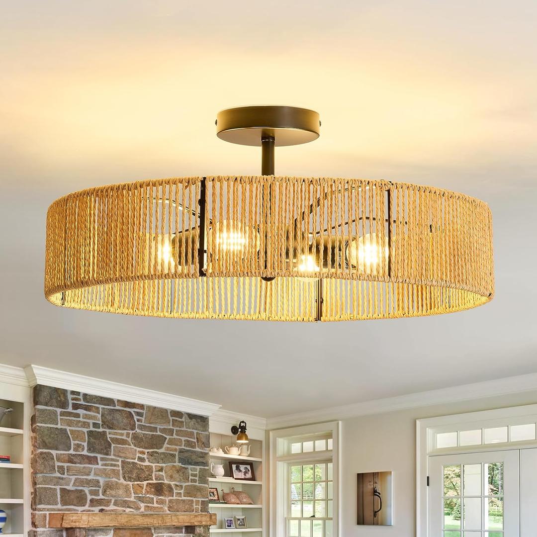 hesoge Boho Rattan Ceiling Light Fixture Rustic Black Semi Flush Mount Ceiling Light 20 Inches 4 Light Woven Chandelier for Farmhouse Hallway Bedroon Living Room Dining Room Kitchen Island