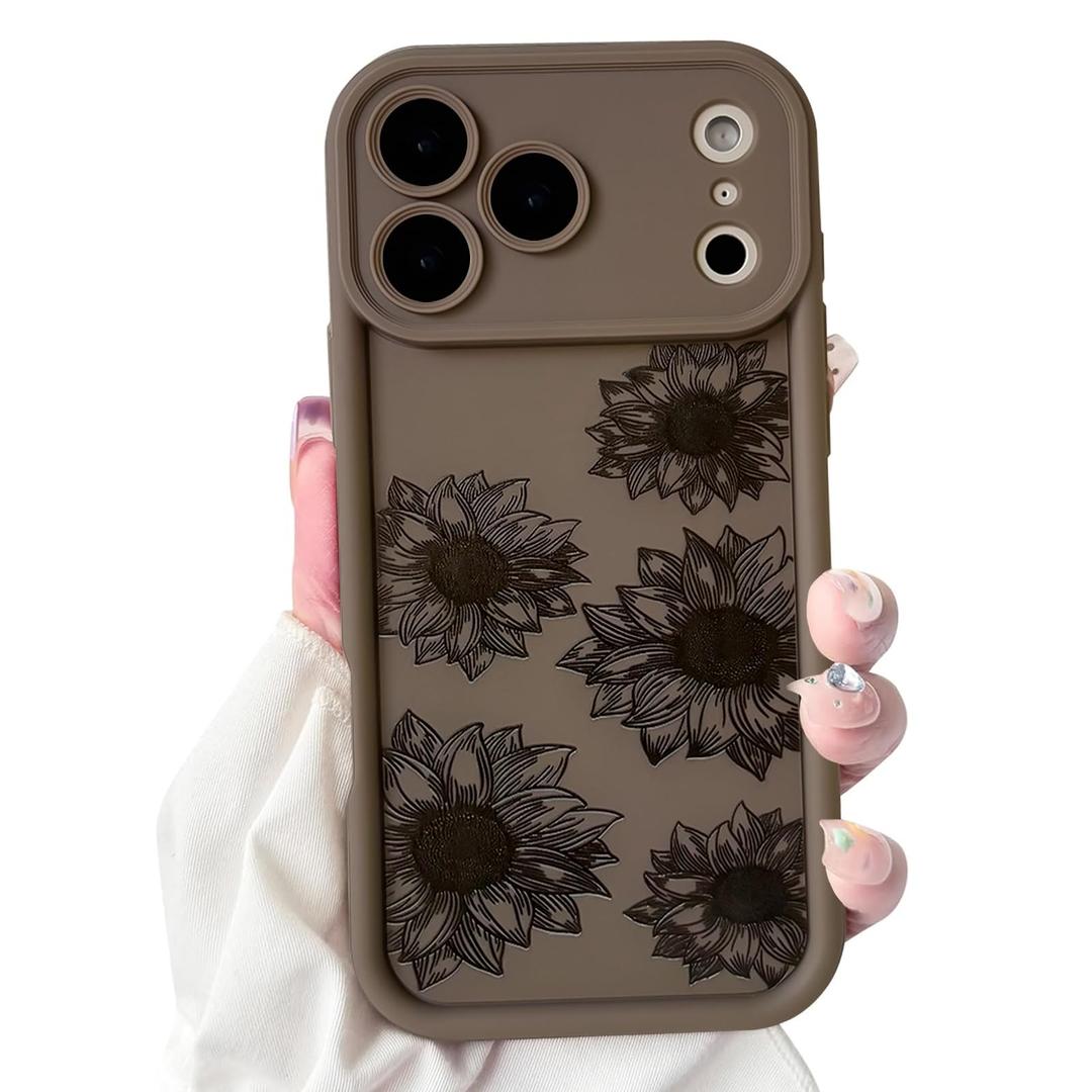 NITITOP Compatible for iPhone 17 Pro Max Case Cute Sunflower Floral Design for Women Girls Flower Artistic Soft TPU Shockproof Protective Full Camera Protection Cover - Brown