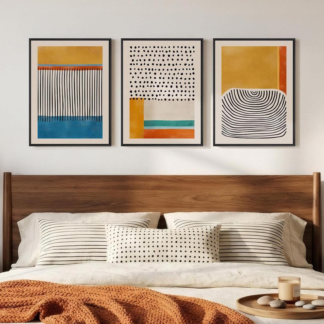 Framed Abstract Mid Century Modern Wall Art Bedroom, 3 Piece Colorful Bright Blue Yellow Canvas Artwork for Walls, Modern Paintings Prints Pictures for Living Room Hallway Kitchen Wall Decor, 12x16 In