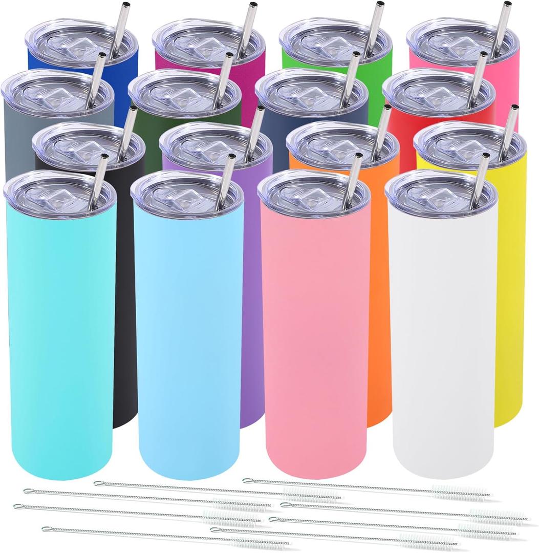 Dongni Skinny Tumbler with Lid 20 oz Stainless Steel Vacuum Insulated Double Wall Travel Coffee Water Tumblers Cup (Mix, 16 Pack)