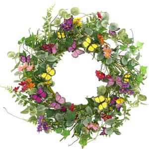 20" Artificial Spring Summer Wreath with Fake Butterflies,Eucalyptus Leaves,Daisy,Dry Vine Branches,Fern Leaves for Front Door Indoor Outdoor Farmhouse Wall Holiday Decor, White Gift Box Included (Yellow Butterflies and Purple Butterflies)