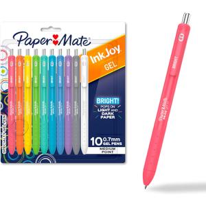 Paper Mate InkJoy Gel Bright Pens, Medium Point (0.7mm), Retractable, Assorted Brighter Colors, 10 Count - Colorful, Office Supplies, Journaling, Doodling