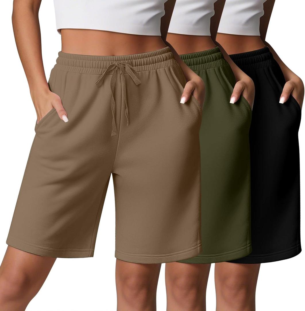 3 Pcs Women Quick Dry Shorts High Waisted Bermuda Shorts for Yoga Athletic Drawstring with Pocket (XX-Large, Black, Army Green, Coffee)