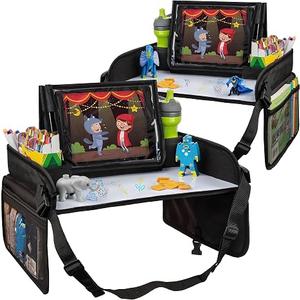 Lusso Gear Kids Lap Desk Tray (Value 2 Pack) - Mesh Pockets & Cup Holder for Car Travel Essentials - Car Seat Tray for Kids Travel & Tablet Holder - Dry-Erase Surface for Road Trip Activities - Black