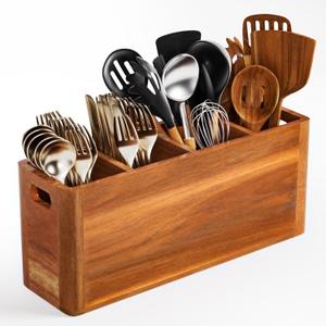 Extra Large Utensil Holder for Kitchen Counter, Acacia Wooden Utensil Holder with 4 Compartment, Kitchen Counter Organizer for Storage Spatula and Silverware, Ideal Christmas Gift for Farmhouse Decor