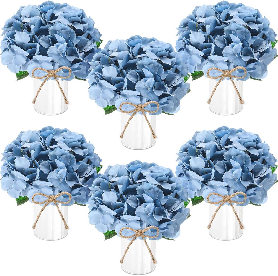 Mimorou 6 Sets Flower Table Centerpieces Dusty Blue Artificial Wedding Faux Hydrangeas with Rustic Metal Vase for Office Home Kitchen Table Wedding Bridal Tea Party Decoration
