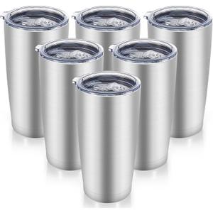 20 oz Tumblers Bulk Stainless Steel Tumbler with Lid Double Wall Vacuum Insulated Coffee Mug 20oz Powder Coated Cup for Hot and Cold Drinks, Stainless, 6 pack
