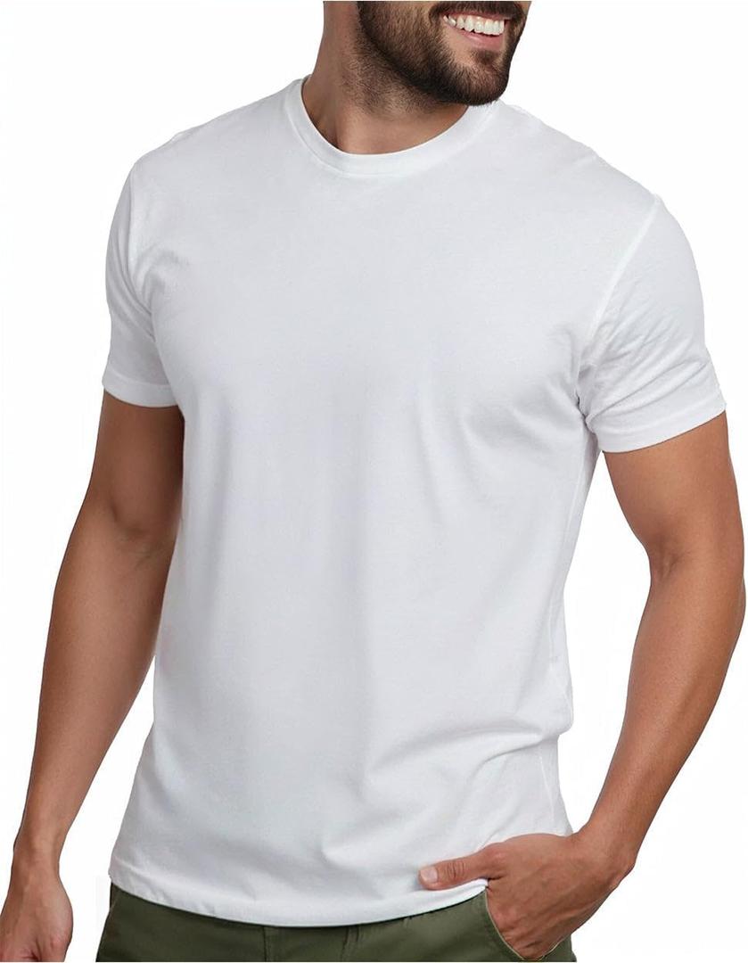 INTO THE AM Mens T Shirts Soft Cotton Blend Crew Neck Tee Athletic Fit Plain Casual T-Shirt for Men (White, L)