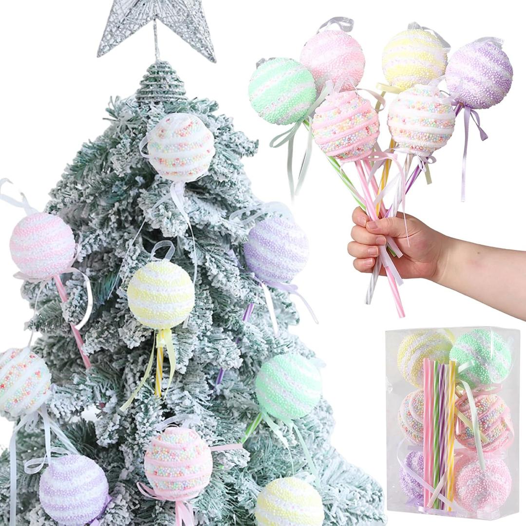Pastel Christmas Lollipop Candy Ornaments, 6PCS Candyland Christmas Decorations Shatterproof Glitter Foam Ball for Xmas Tree Hanging Decor New Year Holiday Decoration