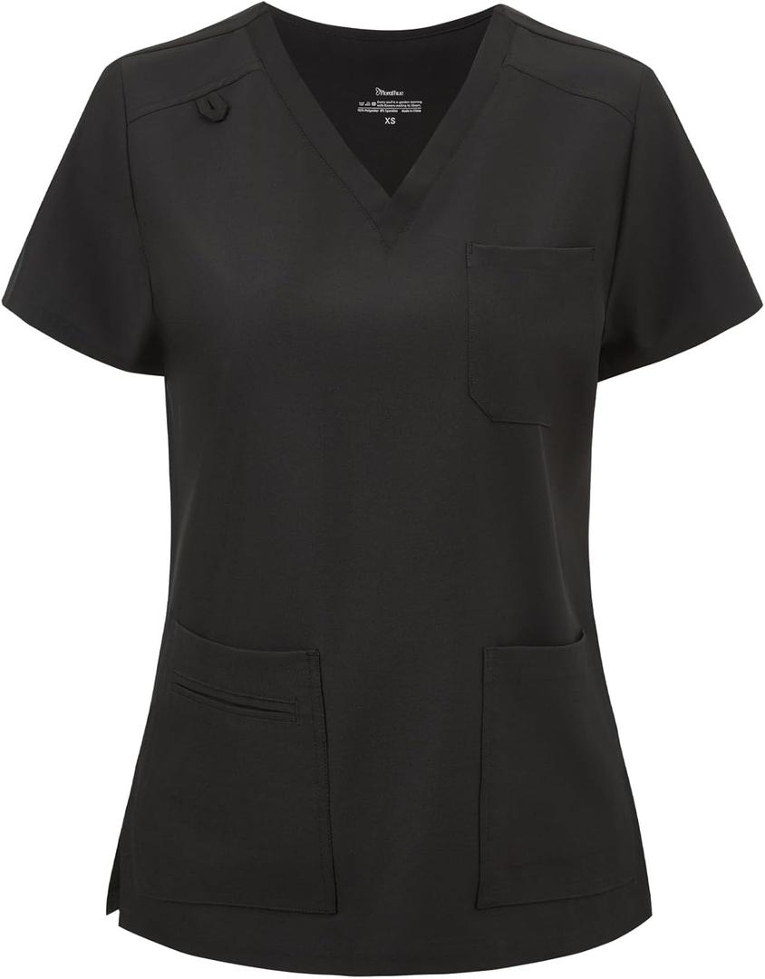Scrub Tops for Women, Curved V-Neck Scrub Tops with 3 Pockets, Soft Stretch, Easy Care (XX-Large, Black)
