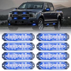 8-Pcs 12 LED Sync Feature Emergency Strobe Grille Lights Ultra Slim Surface Mount Hazard Warning Flashing Light Bar for Firefighter/Construction/Police/Trucks/Vehicles/Car/SUV (Blue) (#06 Blue)