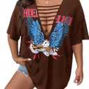 SOLY HUX Women's Plus Size Letter Graphic Tees Cut Out Deep V Neck Half Sleeve T Shirts Tops (Brown, XL)