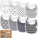 8-Pack Organic Baby Bibs for Boys, Girls - Soft Cotton Drooling and Teething Bibs for Baby Girl & Boy, Extra Absorbent, Easy To Clean & Put On for Toddler, Newborn, Infant 0-24 Months (Grayscale)