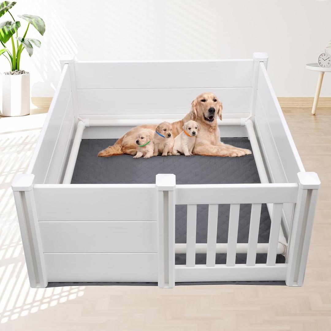 Dog Whelping Box with Pig Rails and Waterproof Pad, 48x48x18 in Adjustable Door Whelping Supplies for Small Medium Dogs