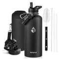 Insulated Water Bottle 87 oz, Triple Wall Vacuum Stainless Steel (Cold for 48 Hrs), Leak Proof & Non-BPA, Modern Water Flask Jug with Paracord Handle & Straw Spout Lids, Magic Black