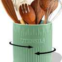 QINSDESIGNS 360° Rotating Utensil Holder, 7.6" Large Ceramic Kitchen Utensil Holder for Countertop with Bamboo Base, Stable Utensil Organizer, Farmhouse kitchen Decor, Green