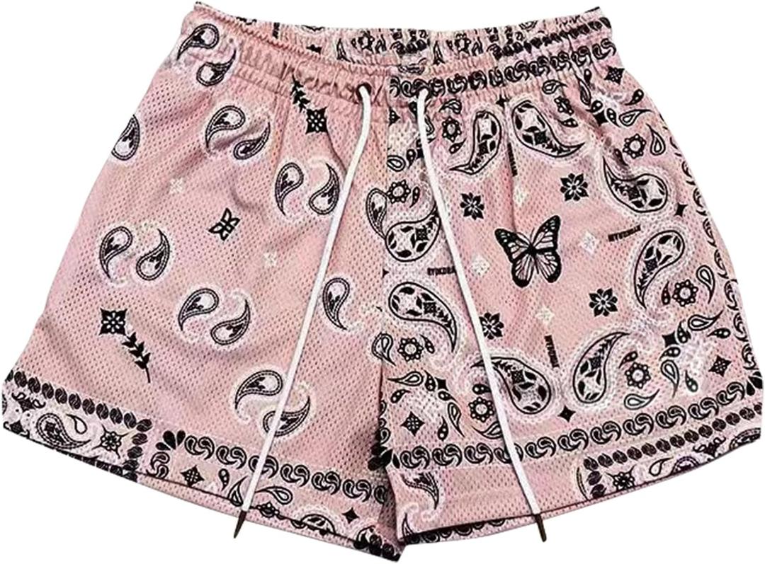 Men's Paisley Shorts Drawstring Bandana Print Casual Workout Athletic Basketball Beach Boxing Summer Shorts (Pink, XS)