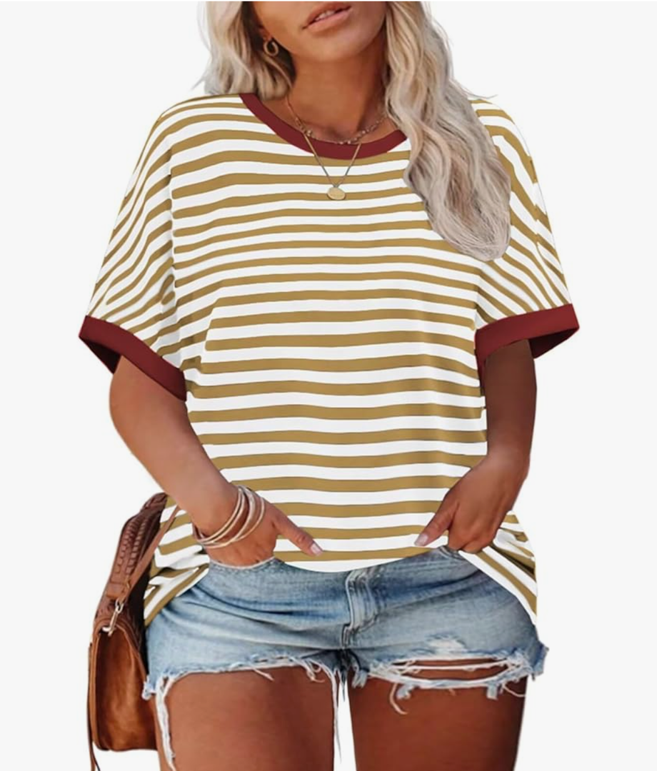 ROSRISS Womens-Plus-Size-Tops Summer Striped Short Sleeve Casual Crewneck Oversized T Shirts Trendy Color Block Basic Tunics