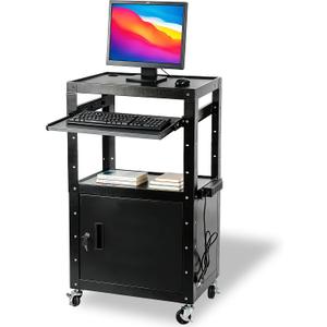 AV Cart with Wheels and Power, Locking Cabinet and Keyboard Tray