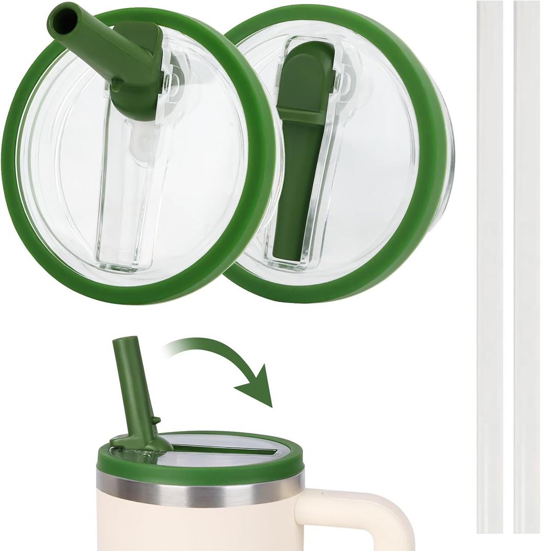 30 oz Replacement Lid for Stanley Quencher Tumbler Flip Straw, 2 PCS Spill Proof Lid Accessories Fit for Stanley with handle, Leak-Proof Splash Resistant Replaceble Cover Cap forStanley,Dark Green*2