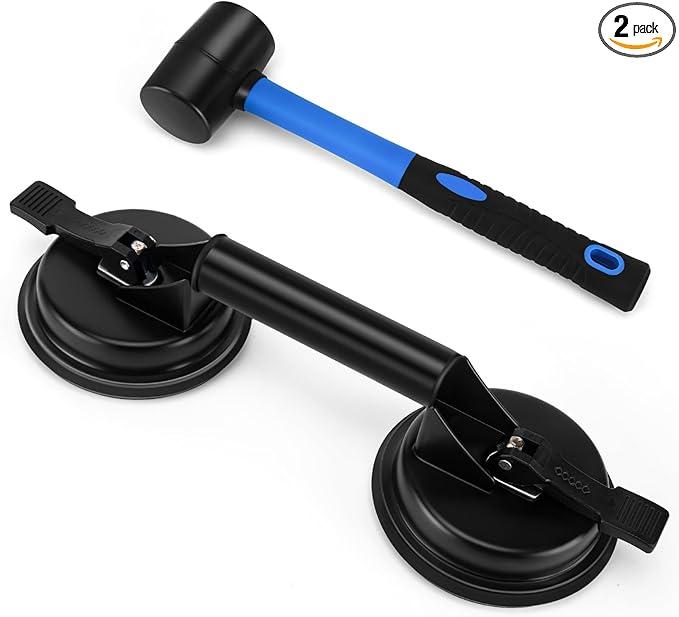 Floor Gap Fixer Tool, Glass Suction Cups,Heavy Duty Aluminum Suction Cups,Double Suction Cup Wiht Mallet For Lift Large Glass/Tile Lifter/Moving Glass/Pad for Lifting/Dent Puller (1+1 Pack)(Black)