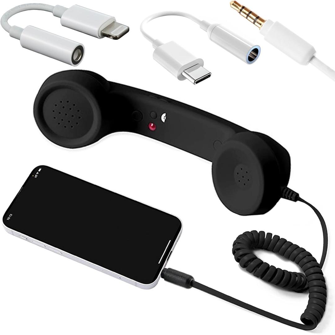 Retro Phone Handset Wired Receiver with 3.5 mm Jack and Type-C and Lightning Adapter, Vintage Telephone Style Handset with Microphone & Answer Button for Smartphones, Tablets & Computers