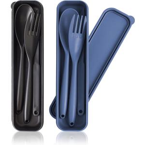 Large Reusable Utensil Set with Case, 2 Sets Portable Plastic Spoons Fork Knife Camping Utensils for Lunch Box Accessories for Kids Adults Travel Picnic Camping Daily Use, (Blue, Black)