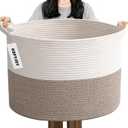 90L Extra Large Blanket Basket,Woven Rope Laundry Basket Hamper with Handles, Decorative Nursery Basket Storage Bin for Toys, Clothes Organizer, Living Room, Bedroom, Bathroom, White & Brown