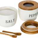 2 Pack Salt and Pepper Bowls Set, Ceramic Salt and Pepper Containers with Visible Airtight Bamboo Lid and Spoon, White Salt Pepper Holder Shakers Set, Salt Cellar Box Dish with Lid (White)