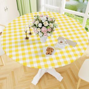 Smiry Round Picnic Tablecloth, Elastic Waterproof Fitted Vinyl Tablecloths for 42"-50" Tables, Flannel Backed Buffalo Plaid Table Cover for Dining, Camping, Outdoor, White and Yellow