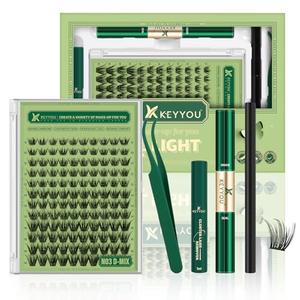 KEYYOU Natural Lash Clusters Kit 144Pcs DIY Lash Extension Kit Wispy Eyelash Extensions Kit D Curl 8-18MIX with Bond and Seal and tweezers with Thin Lash Band(KIT-N03-D-8-18MIX)