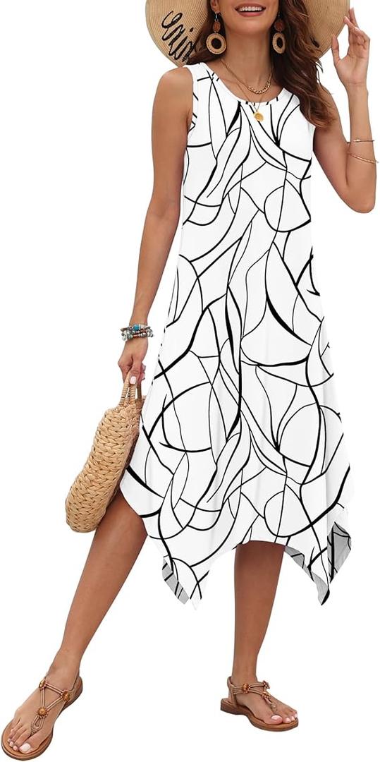 AUSELILY Women's Summer Dresses 2026 Casual Sleeveless Sundress Asymmetrical Hem Midi Tank Beach Dress with Pockets, Medium 