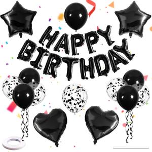 27 Pcs Black Birthday Decorations Kit  3D Foil Happy Birthday Banner, Heart & Star Mylar Balloons, Confetti Balloon Set for Boys Girls Kids Adults, Baby Shower & Anniversary Party Decor Supplies