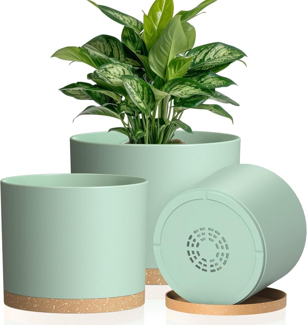 Plant Pots, 10/9/8 Inch 3 Pack Cylindrical Flower Pots with Drainage Holes and Saucers, Plastic Planters for Outdoor Indoor Plants,Green Brown