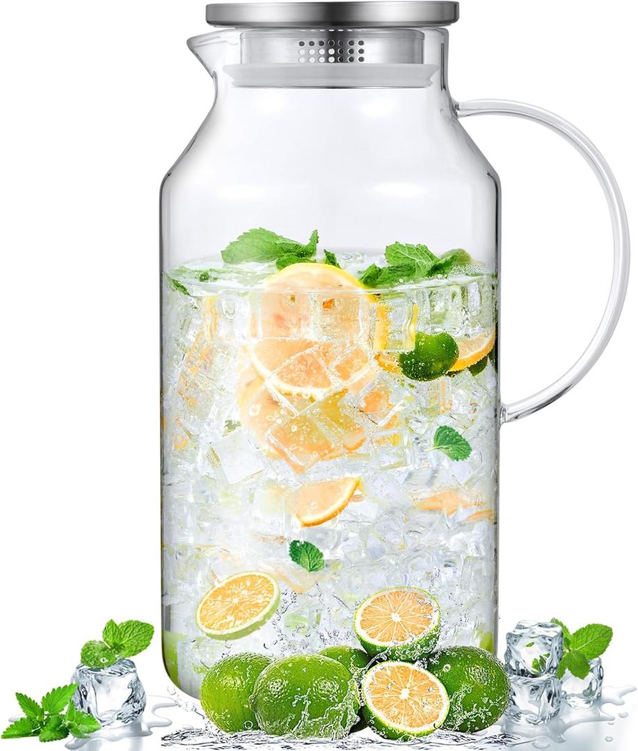 Bivvclaz 1 Gallon Glass Pitcher with Lid and Handle, Water Pitcher for Fridge, Glass Carafe for Hot/Cold Water, Large Iced Tea Jug for Coffee, Juice and Homemade Beverage (Clear)