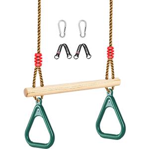 LadyRosian Wooden Trapeze Swing Bar, Adjustable Height Swing Set, Gym Rings, Playground Attachments, 16.5" Monkey Bar for Backyard, Playground, Playroom (Green)